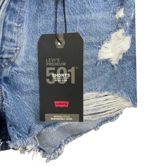 Levi’s Premium 501 Denim Shorts High Rise Raw Hem Distressed NWT - Picture 7 of 15